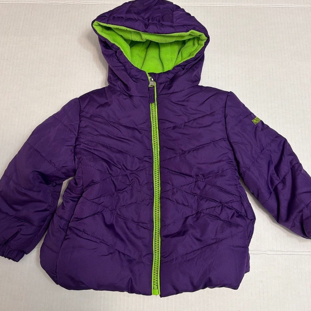 Pacific Trail Purple Lime Green Fleece Lined Hooded Puffer Jacket 2T Kids Girls